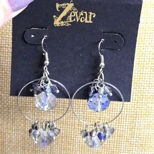 Treska Zevar Silver  Faceted Glass Bead Hoop Dangle Earrings Grey Blue‎ Fishhook